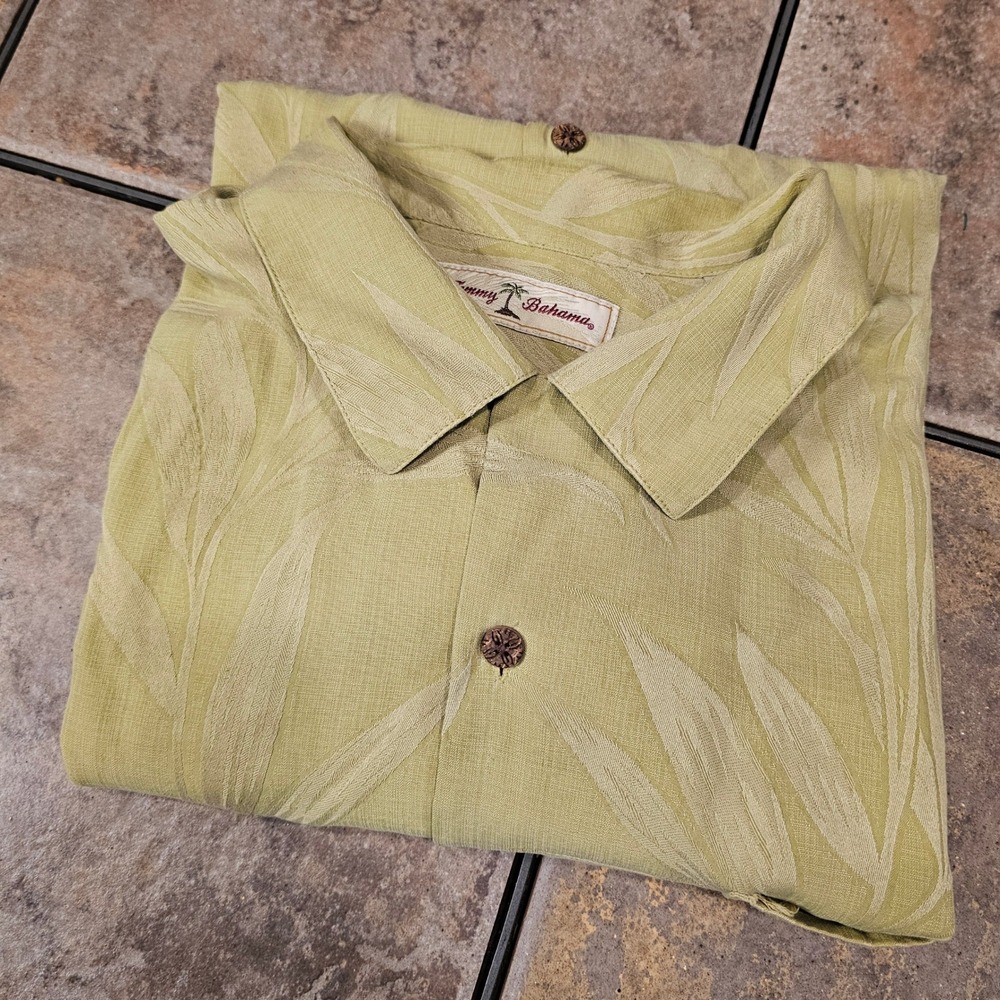 Tommy Bahama Mens Large 100% Silk Sage Green Palm Leaf Jacquard Camp Shirt